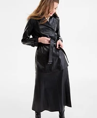 Bcbgmaxazria Womens Double Breasted Faux Leather Belted Trench Coat P Xxs Xxl