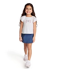 Tommy Hilfiger Toddler and Little Girls 2-Piece Printed Flutter Sleeve Top Denim Pleated Skirt