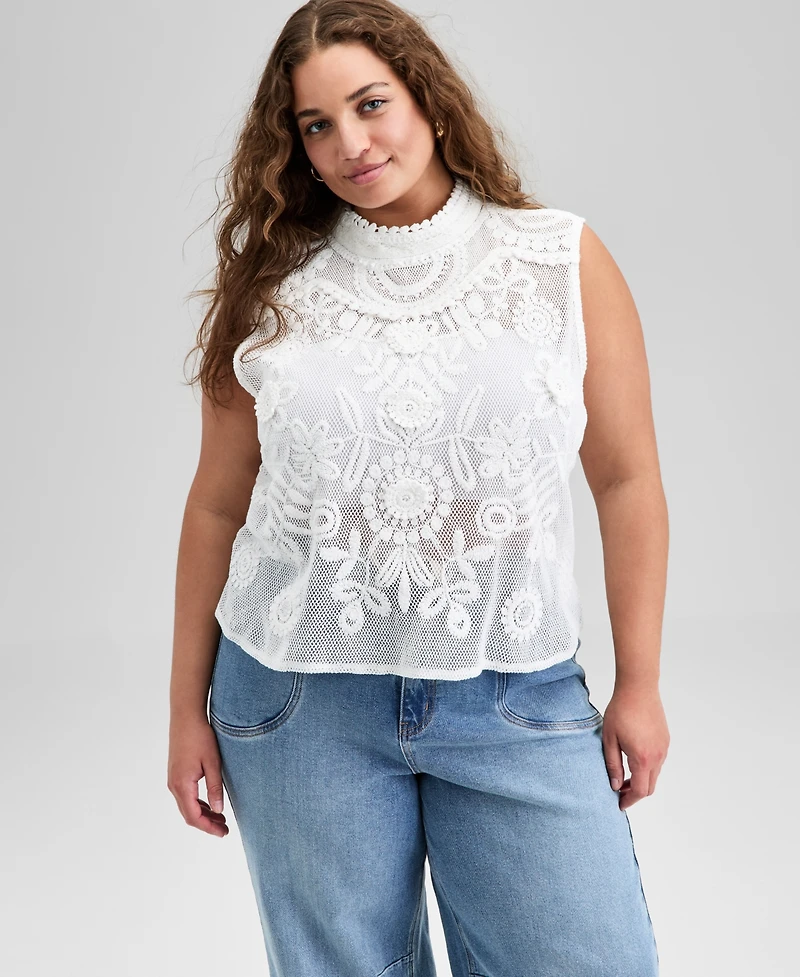 And Now This Trendy Plus Cotton Crochet Mock Neck Sleeveless Top, Exclusively at Macy's