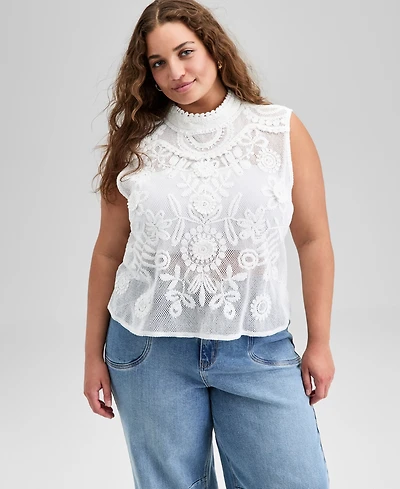 And Now This Trendy Plus Cotton Crochet Mock Neck Sleeveless Top, Exclusively at Macy's