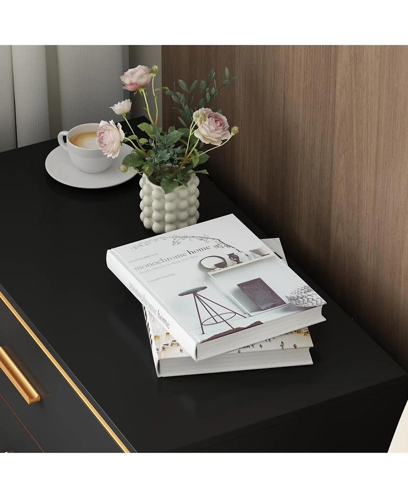 Bedside table with 3 drawers, side table with gold metal handles and feet, end table in black wood, suitable for bedrooms, living rooms, offices