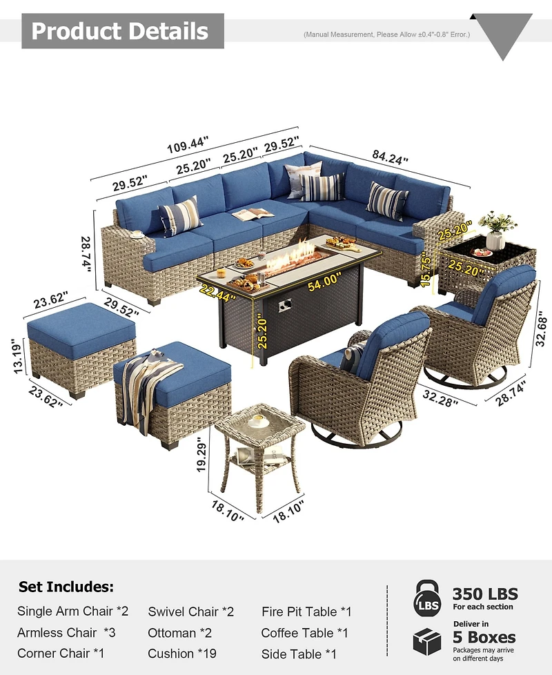 Xizzi 13 Piece Outdoor Patio Furniture Sets with Fire Pit Table,All Weather Wicker Sectional Sofa Extra Deep Swivel Chairs and Solar Powere