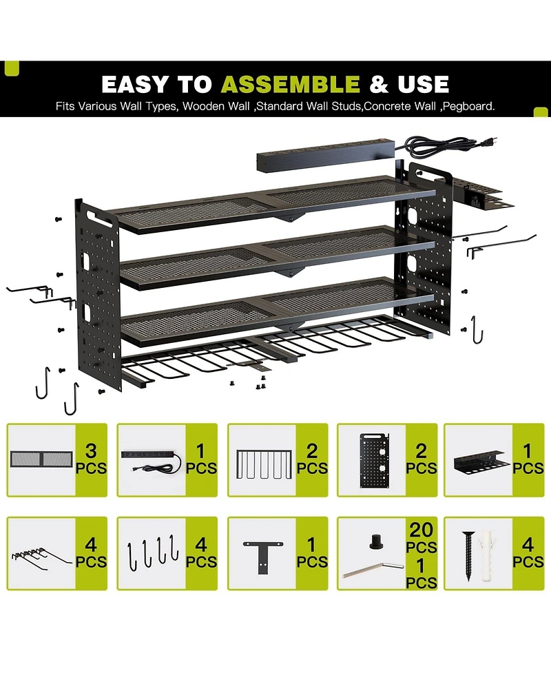 Hausource 4-Tier Power Tool Organizer Wall Mount Tool Storage Workbench W/8 Drill Holder Utility Shelving,Black