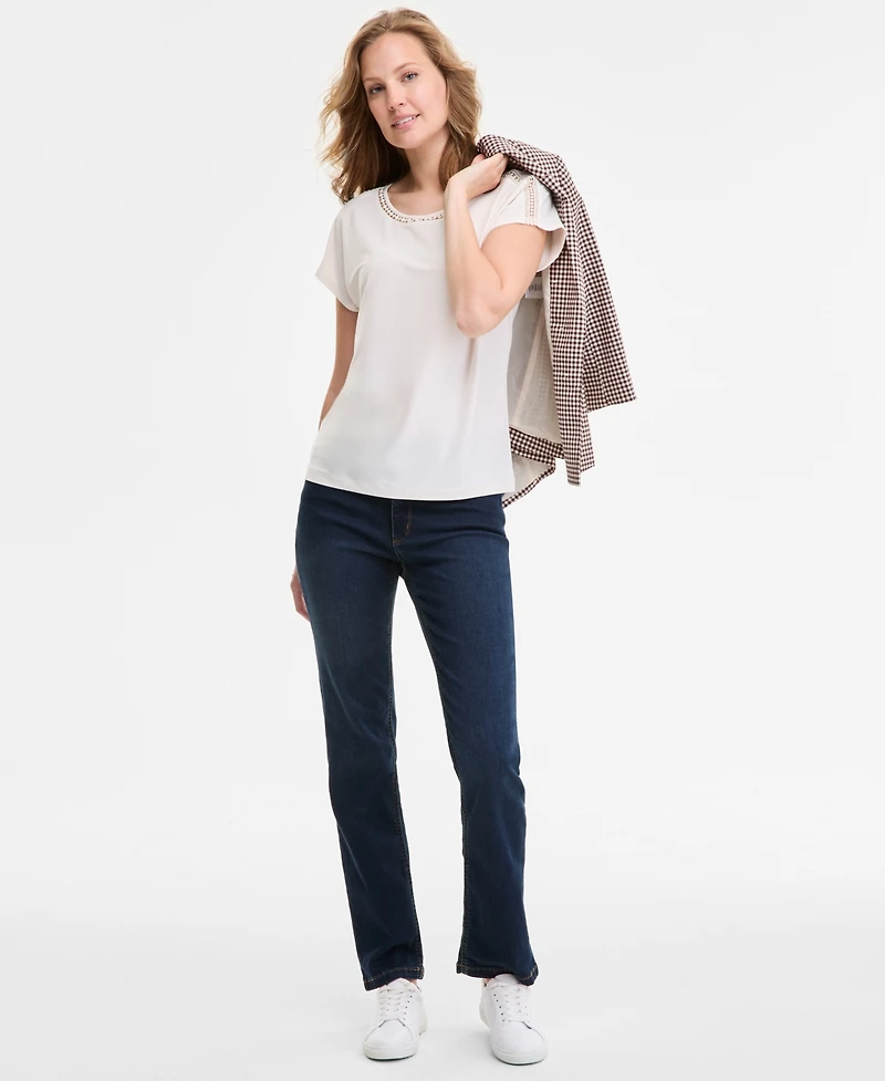 Jones New York Women's Extended-Shoulder Lattice-Neck Top