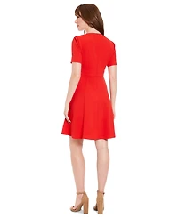 London Times Women's Round-Neck Short-Puff-Sleeve Dress