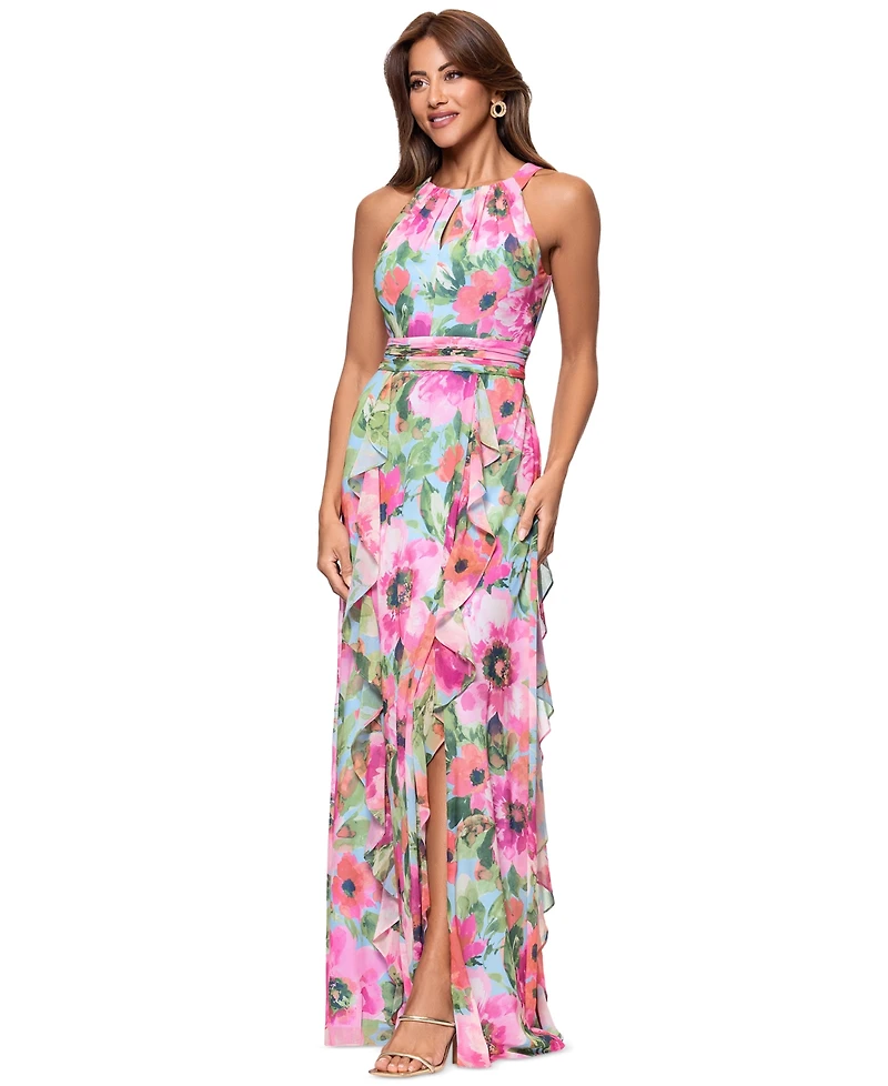 Xscape Petite Floral-Print Ruffled Gown