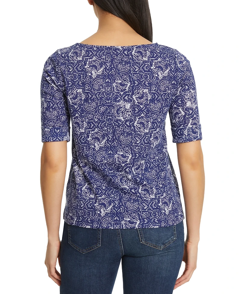 Gloria Vanderbilt Women's Alanis Printed Cuffed-Sleeve T-Shirt - Naval Blue