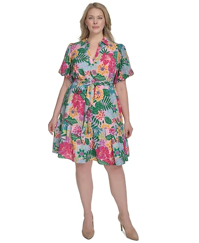 Jessica Howard Plus Printed Tie-Waist Puff-Sleeve Dress