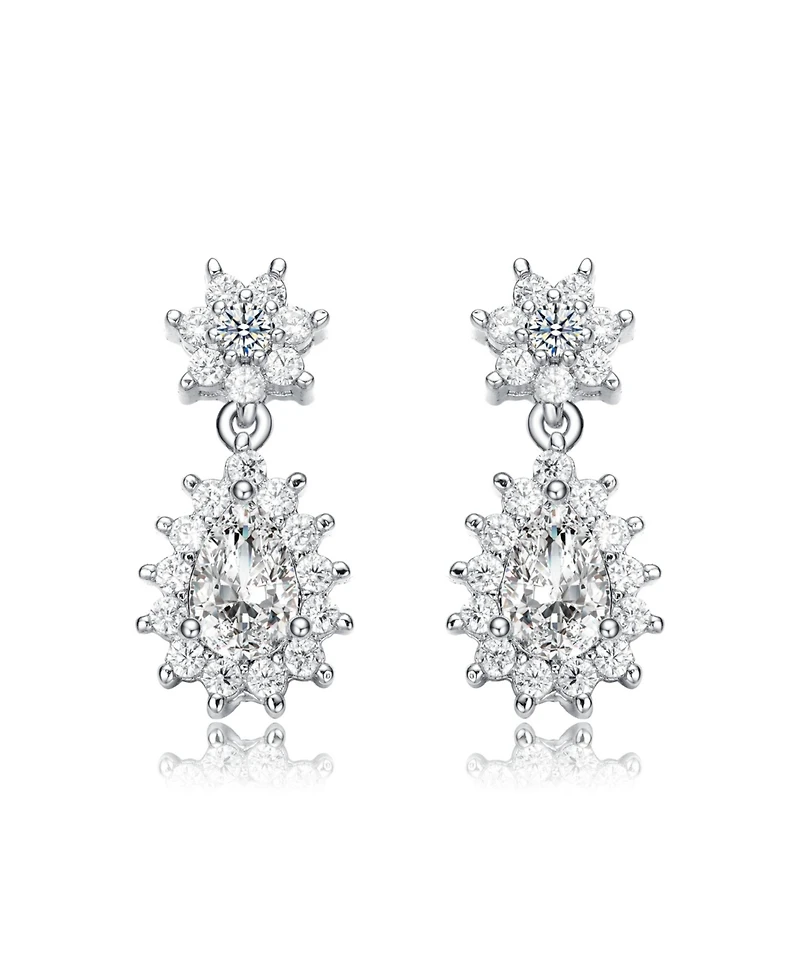 White Gold Plated with Cubic Zirconia Double Flower Cluster Dangle Earrings