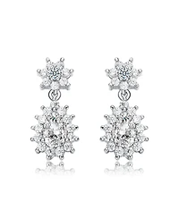 White Gold Plated with Cubic Zirconia Double Flower Cluster Dangle Earrings