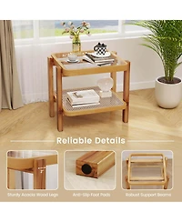Pcs End Table with Tempered Glass Top Acacia Wood Legs Rattan Storage Shelf