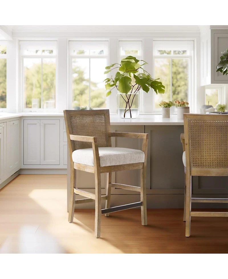 Counter Height Bar Stool with Solid Wood Frame Upholstered Seat Cane Back and Open Arm Design for Kitchen Island or Dining Room Seating-The Pop Home