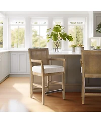 Counter Height Bar Stool with Solid Wood Frame Upholstered Seat Cane Back and Open Arm Design for Kitchen Island or Dining Room Seating-The Pop Home