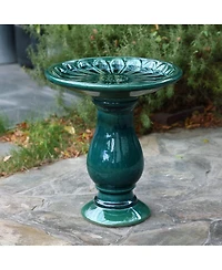 LuxenHome Dark Green Flower 21.65-Inch Tall Ceramic Birdbath