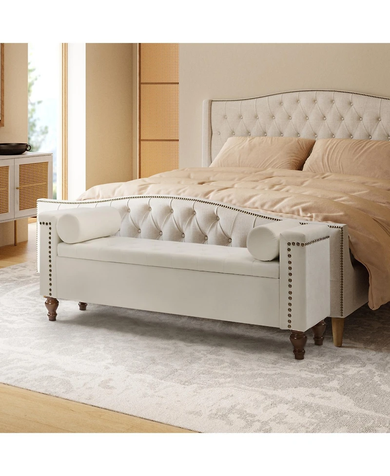 Flavia Storage Waterproof Button-Tufted Bench with Two Circular Pillows