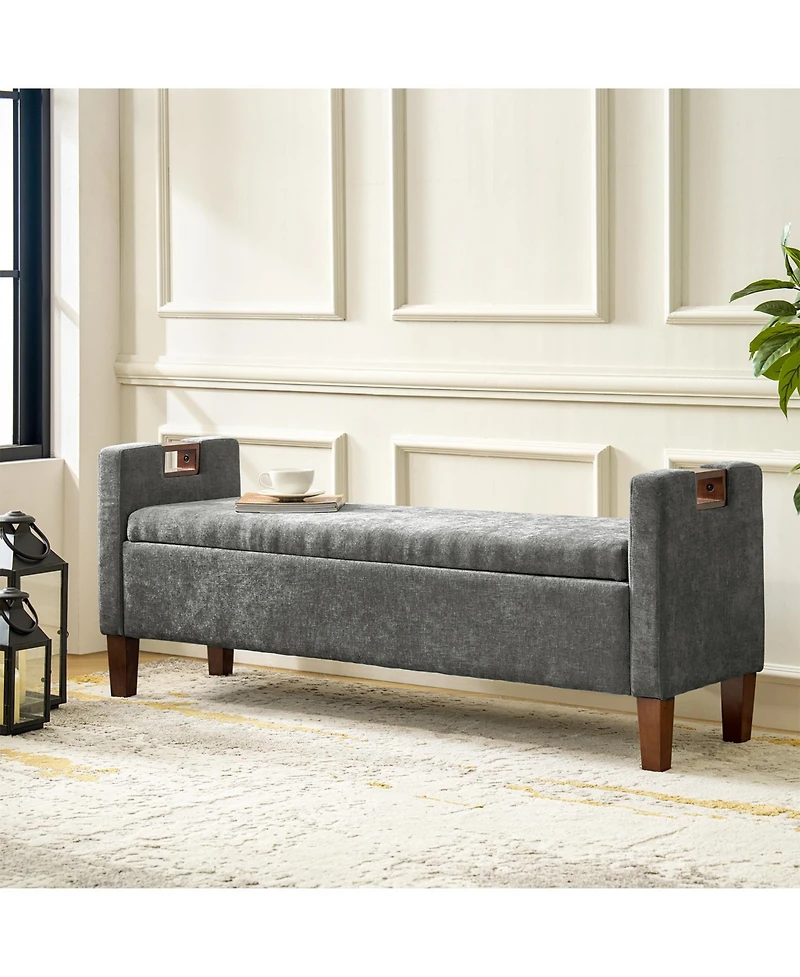 Adela Storage Waterproof Bench with Solid Wood Legs and Armrests