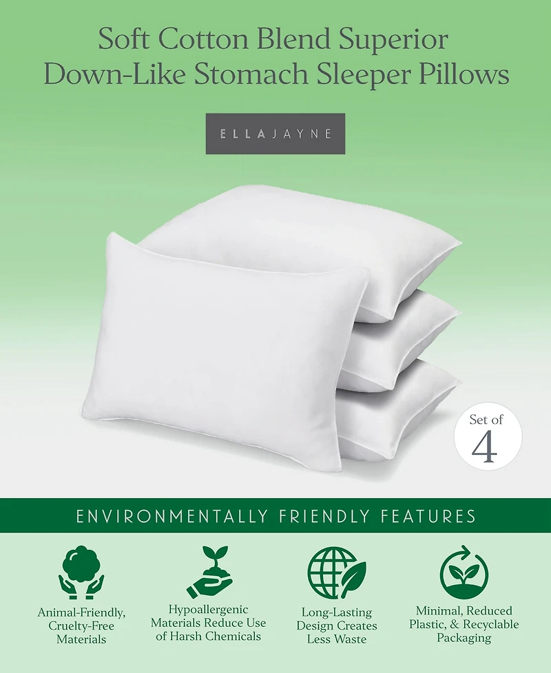 Ella Jayne Superior Cotton Blend Shell Soft Density Stomach Sleeper Down Alternative 4-Pack Pillows, King