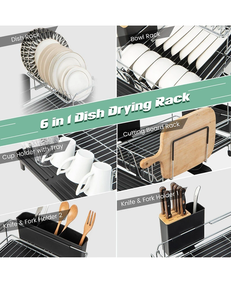 2-Tier Detachable Dish Rack with Drainboard and 360-Degree Swivel Spout – Space-Saving Kitchen Drying Rack with Rotating Spout