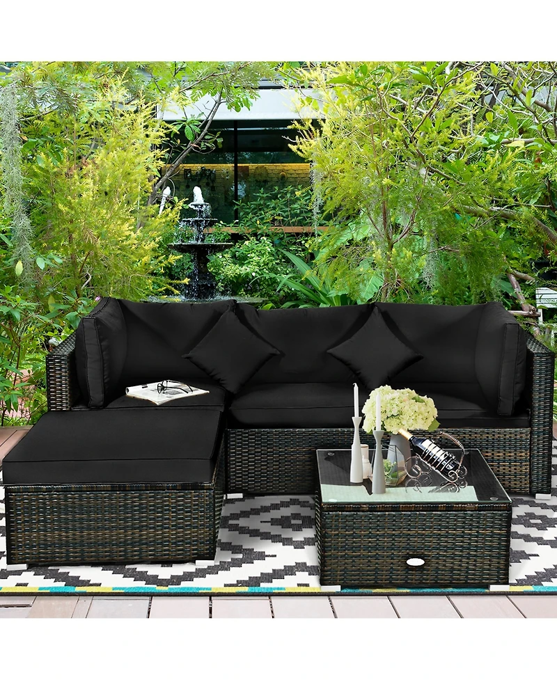 Gymax 5PCS Rattan Patio Conversation Set Outdoor Furniture Set w/ Ottoman Black Cushion