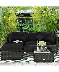 Gymax 5PCS Rattan Patio Conversation Set Outdoor Furniture Set w/ Ottoman Black Cushion
