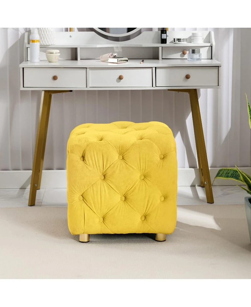 Velvet Upholstered Cube Ottoman with Tufted Design, Hidden Storage, Gold Legs, Footstool for Living Room or Bedroom-The Pop Home