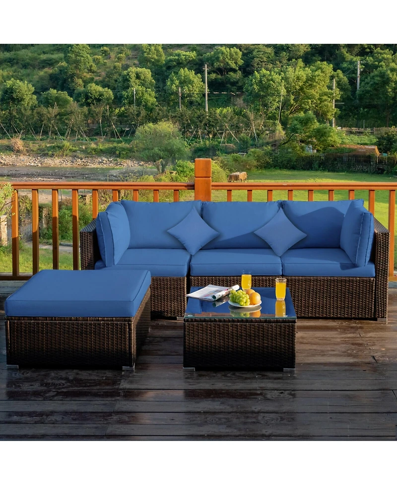 Gymax 5PC Rattan Patio Conversation Set Outdoor Furniture Set w/ Ottoman Cushion