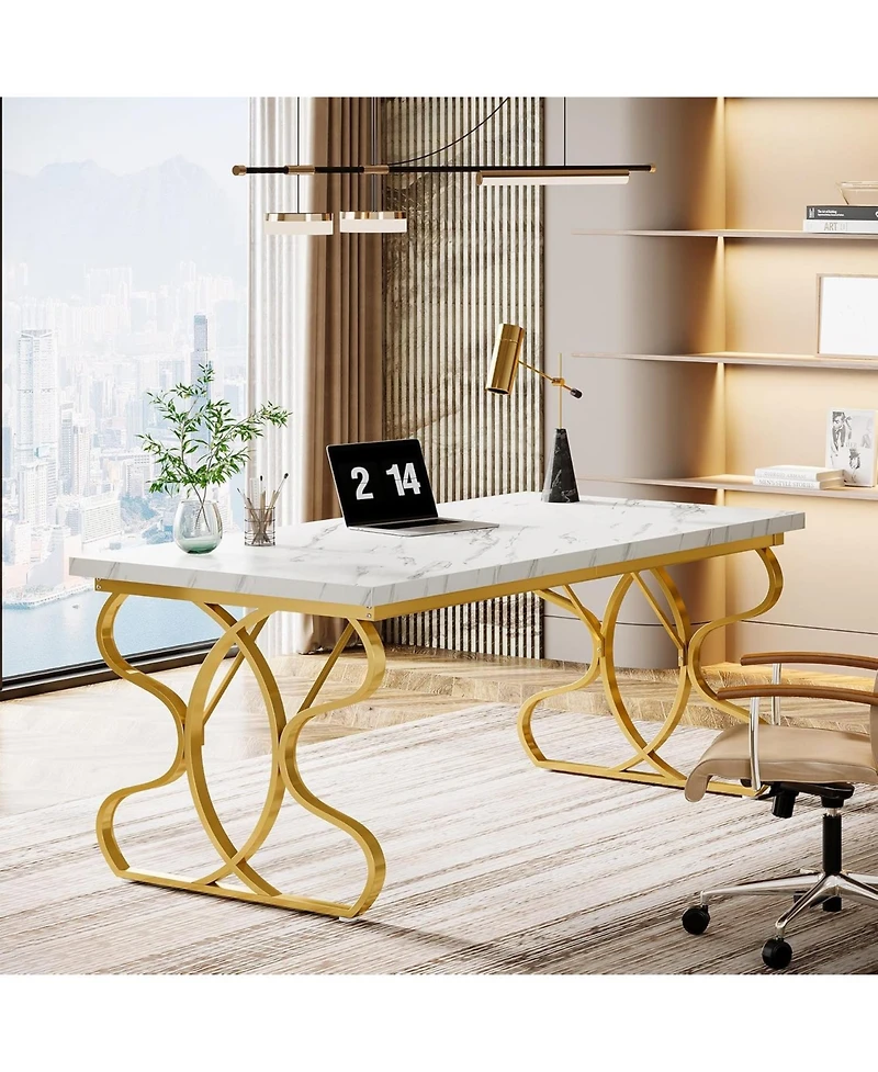 Tribesigns 63-Inch Computer Desk, Modern Executive Desk with Gold Metal Legs, Large Sturdy Writing Table for Home Office, White and Gold