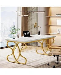 Tribesigns 63-Inch Computer Desk, Modern Executive Desk with Gold Metal Legs, Large Sturdy Writing Table for Home Office, White and Gold