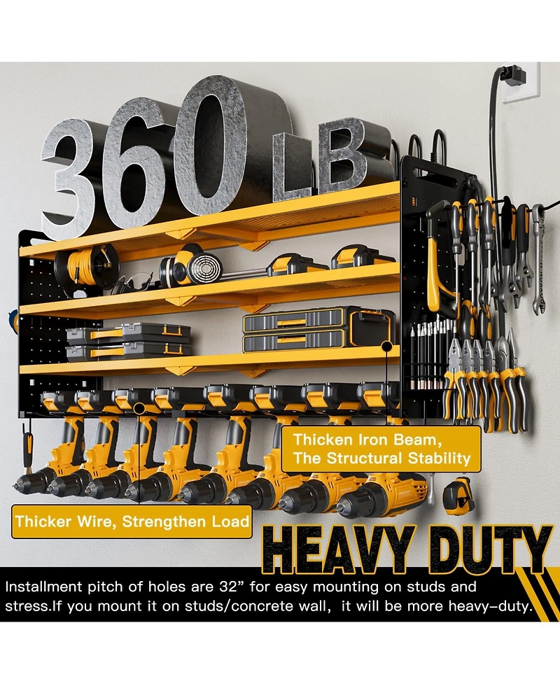 Hausource 4-Tier Power Tool Organizer Wall Mount Tool Storage Workbench W/8 Drill Holder Utility Shelving,Yellow