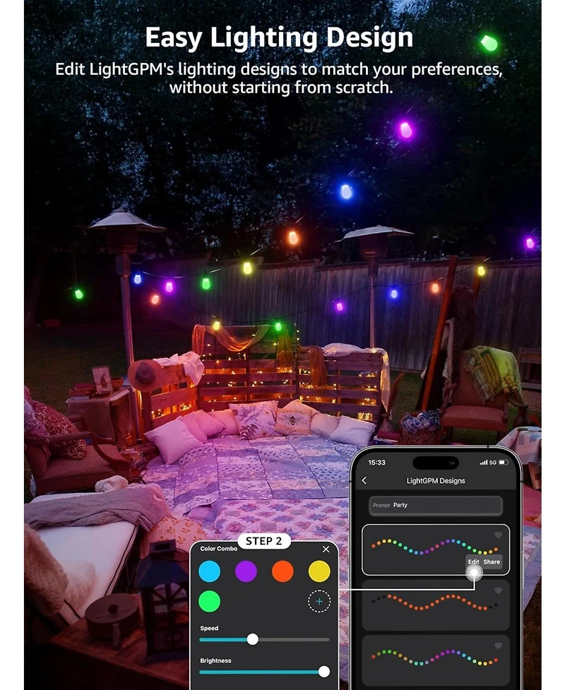 Lepro ZB1 Ai Smart Outdoor String Lights App Control, 54(42+12) ft Rgb+Ic+Warm White Outdoor Lights 15 Led Bulbs, Alexa Google Enabled, No Remote