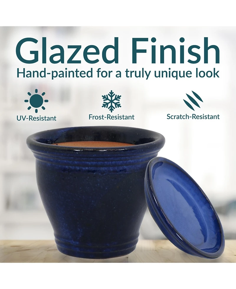 Studio Uv- and Frost-Resistant Ceramic Planters with Drainage Holes and Saucers - 11" Diameter - Imperial Blue - 2-Pack