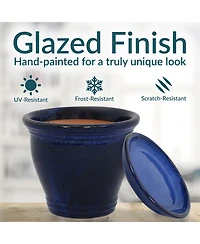 Studio Uv- and Frost-Resistant Ceramic Planters with Drainage Holes and Saucers - 11" Diameter - Imperial Blue - 2-Pack