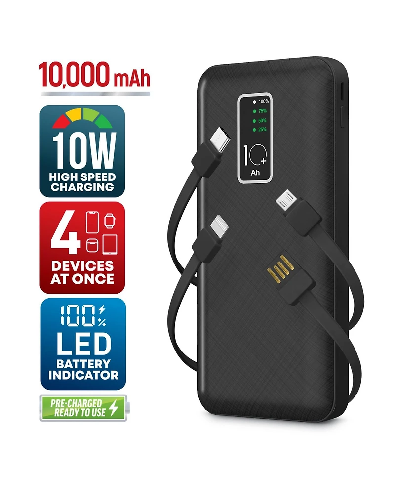 GabbaGoods 10,000mAh Rapid Charging Power Bank with Lcd Battery Display, 4 Built-In Cables, and Phone Stand