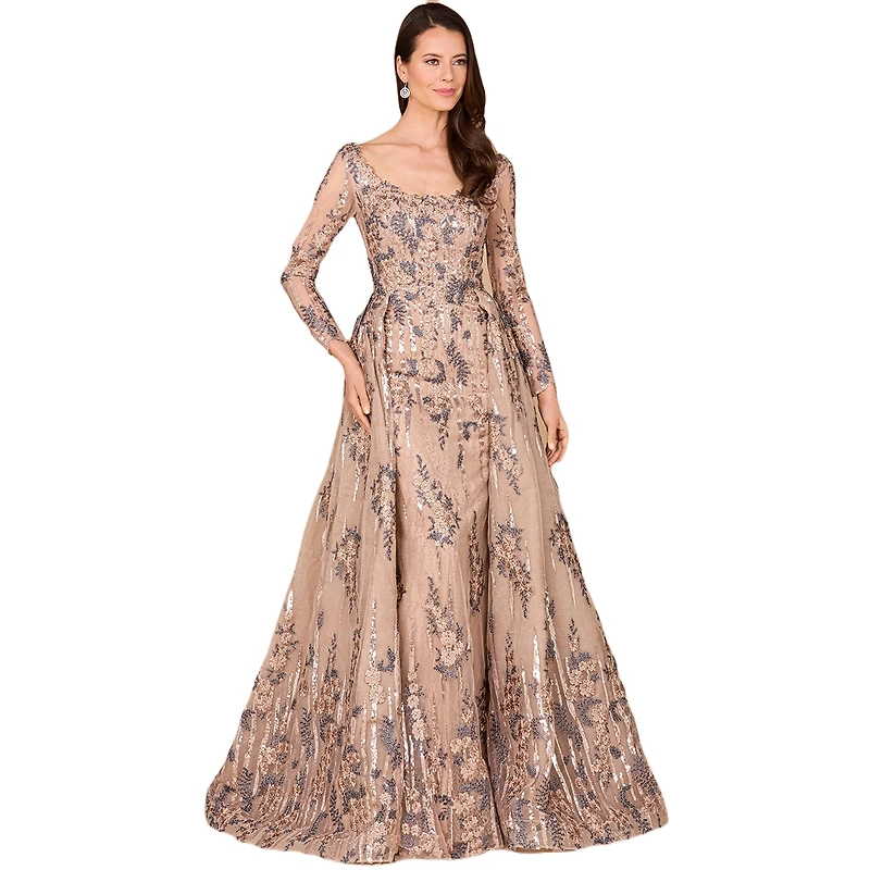 Lara Women's Long Sleeve Lace Gown with Overskirt
