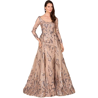 Lara Women's Long Sleeve Lace Gown with Overskirt