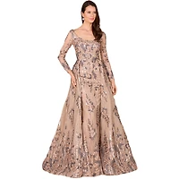 Lara Women's Long Sleeve Lace Gown with Overskirt