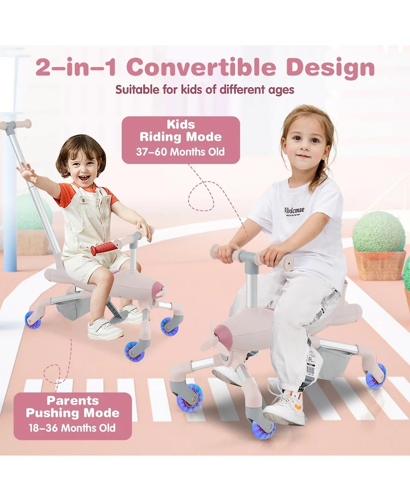 2-in-1 Kids Ride-on Push Car with Led Lighted Wheels