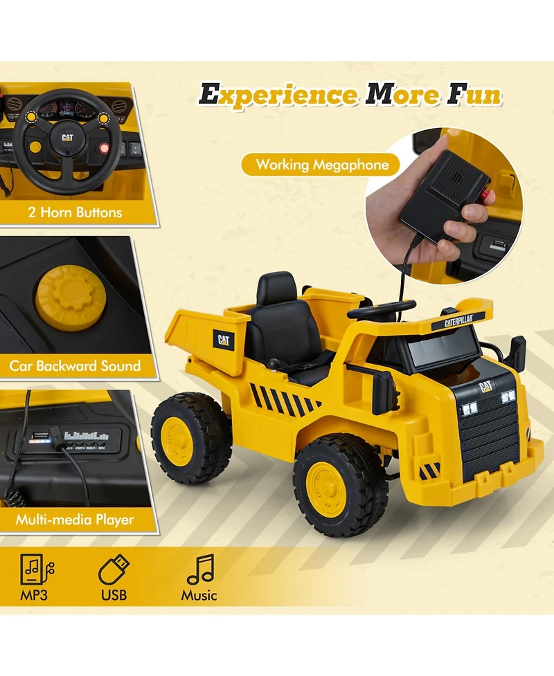 12V Caterpillar Licensed Kids Ride on Dump Truck with Tiltable Bump Bed