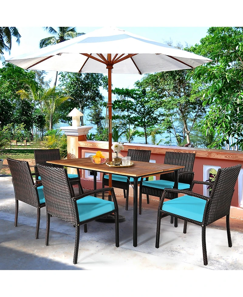 Gymax 7PCS Patio Dining Furniture Set Yard w/ Wooden Tabletop Turquoise Cushions