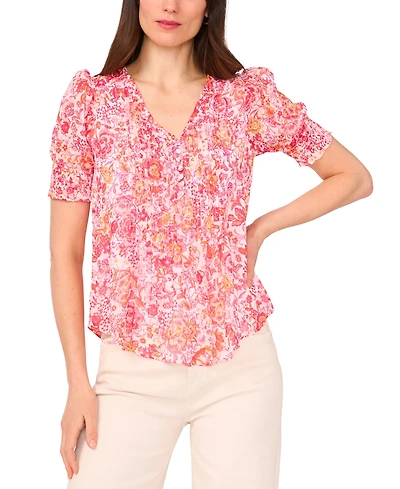 Sam & Jess Petite Printed Puff-Sleeve Pintuck Blouse