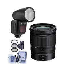 Nikon Nikkor Z 24-70mm f/4 S Lens, Bundle with Flashpoint Zoom Li-on X R2 Ttl On-Camera Round Flash Speedlight, 72mm Filter Kit, Cleaning Kit