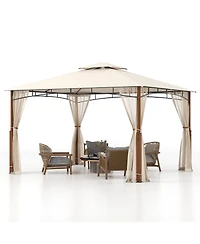 Outdoor Patio Gazebo with Netting and 2-Tier Canopy Roof
