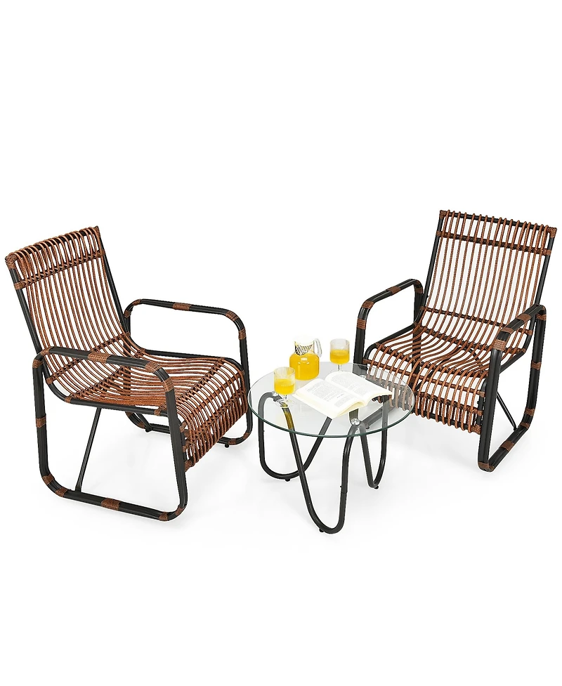 Gymax 3PCS Rattan Patio Conversation Set Bistro Furniture Set w/ Glass Table