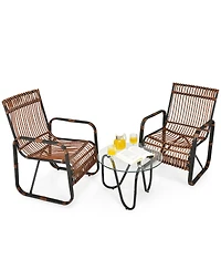 Gymax 3PCS Rattan Patio Conversation Set Bistro Furniture Set w/ Glass Table