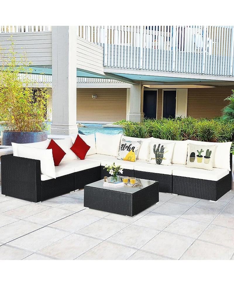 Gymax 7PCS Rattan Patio Conversation Sectional Furniture Set w/ Cushion Pillow