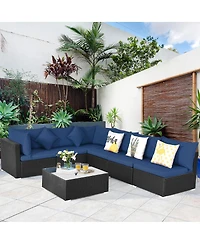 Gymax 7PCS Rattan Patio Conversation Set Sectional Furniture Set w/ Navy Cushion
