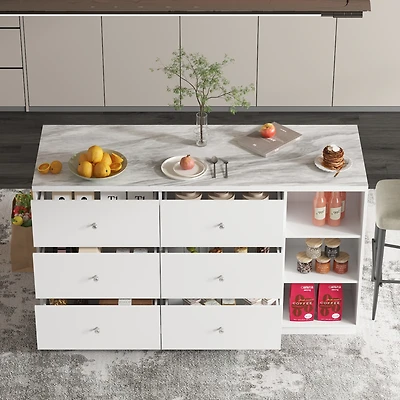 Kitchen island with 6 drawers, 4 doors, island storage table with shelves, coffee station and microwave rack for home, dining room, white, wooden