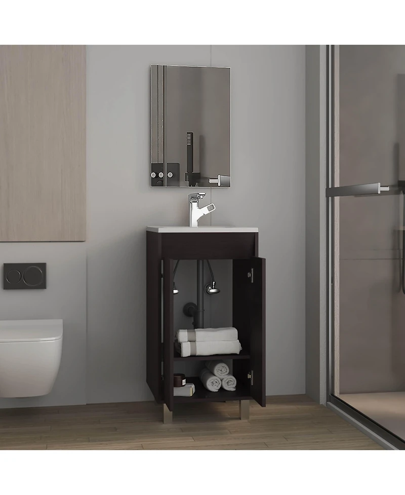 Ingold Bathroom Set, Cabinet with Sink + Mirror, 2 Doors, 4 Legs, Shelves, 1 White