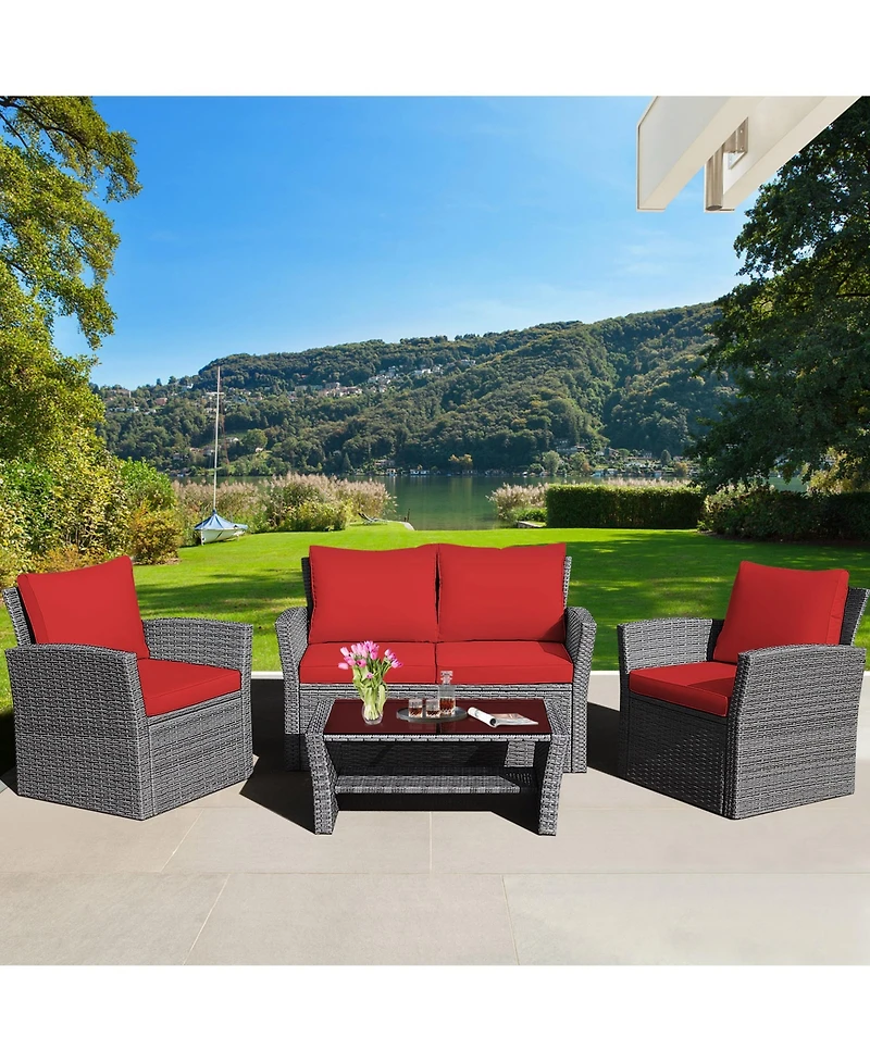 Gymax 4PCS Patio Rattan Conversation Set Outdoor Furniture Set w/ Red Cushions