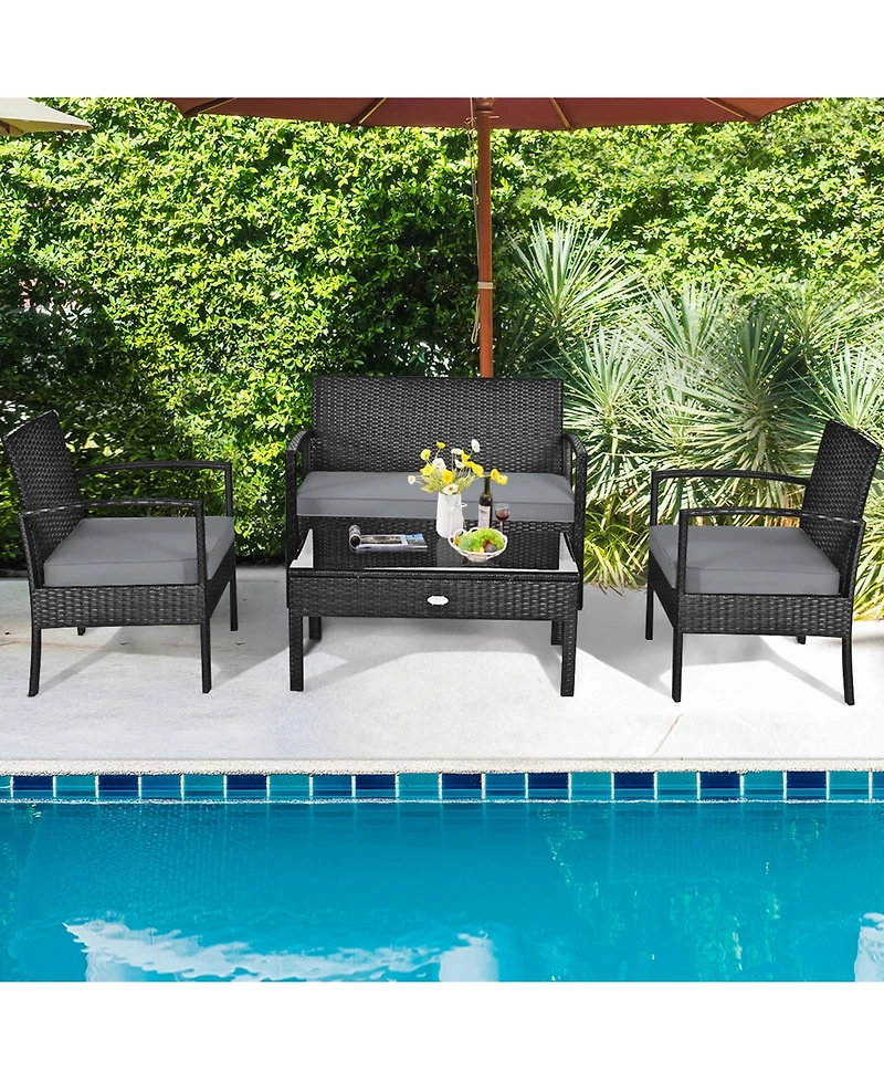 Gymax 8PCS Patio Wicker Rattan Conversation Set Outdoor Furniture Set w/ Cushion